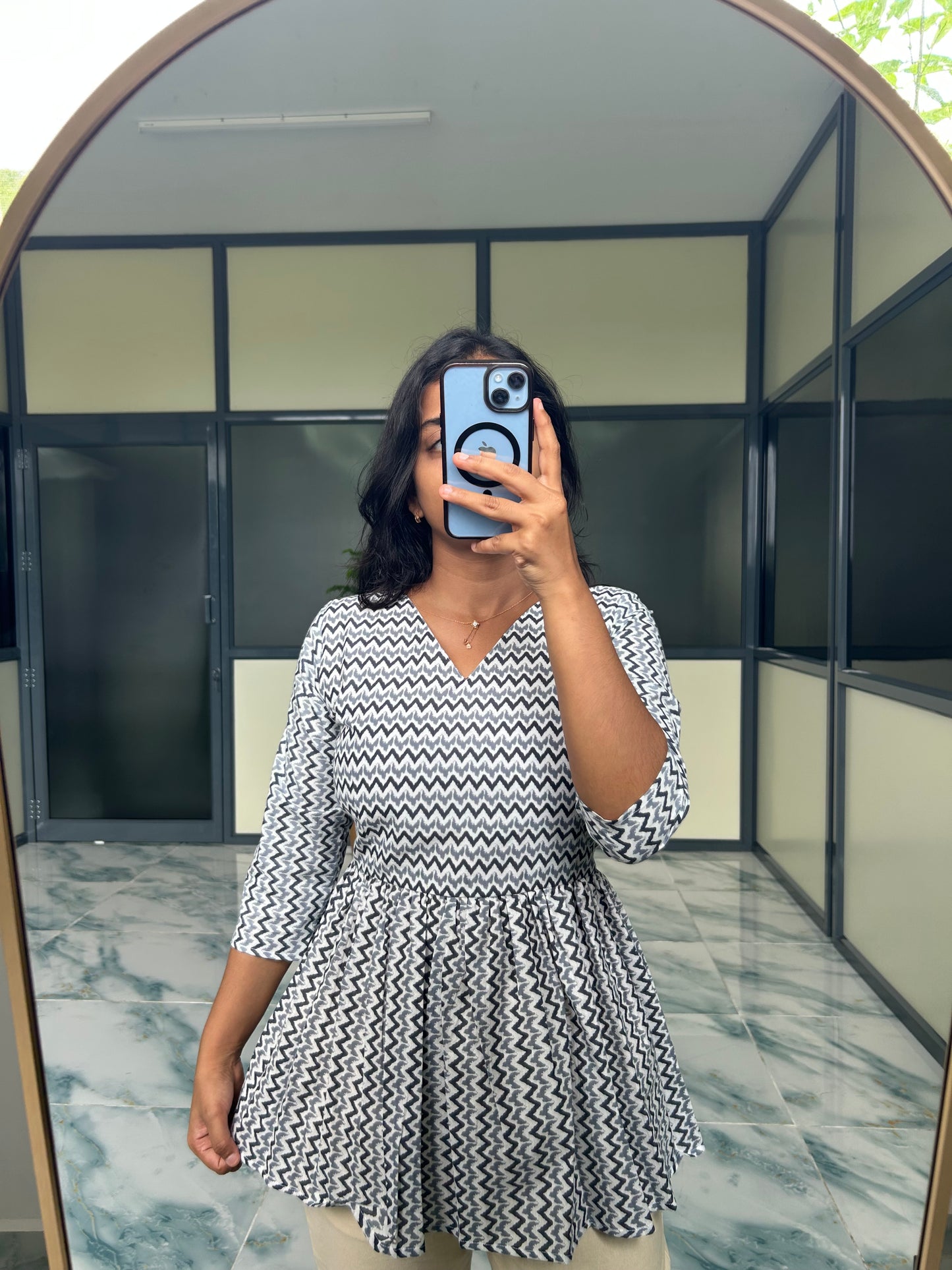 Isha - White Zig-Zag Peplum Top