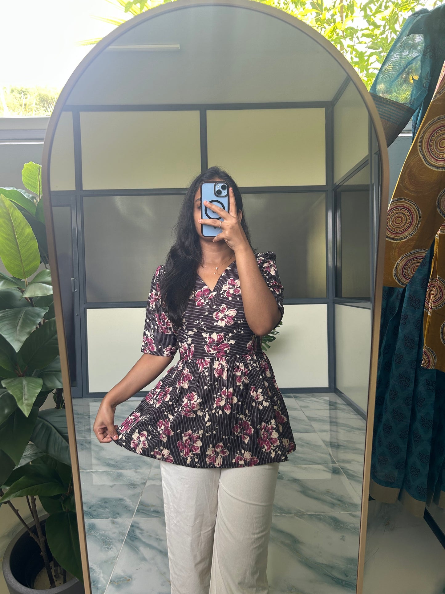 Isha - Dark Brown Kantha Peplum Top