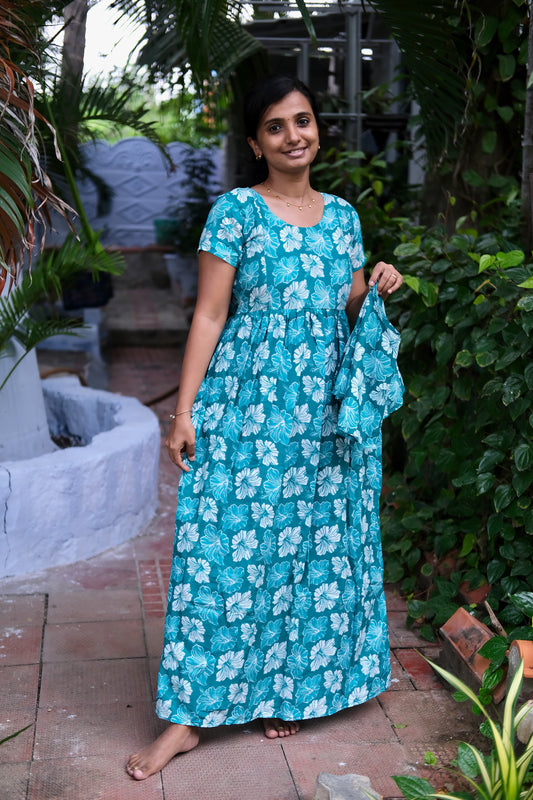 Teal blue floral cotton maxi nighty with short sleeves and a detached matching dupatta