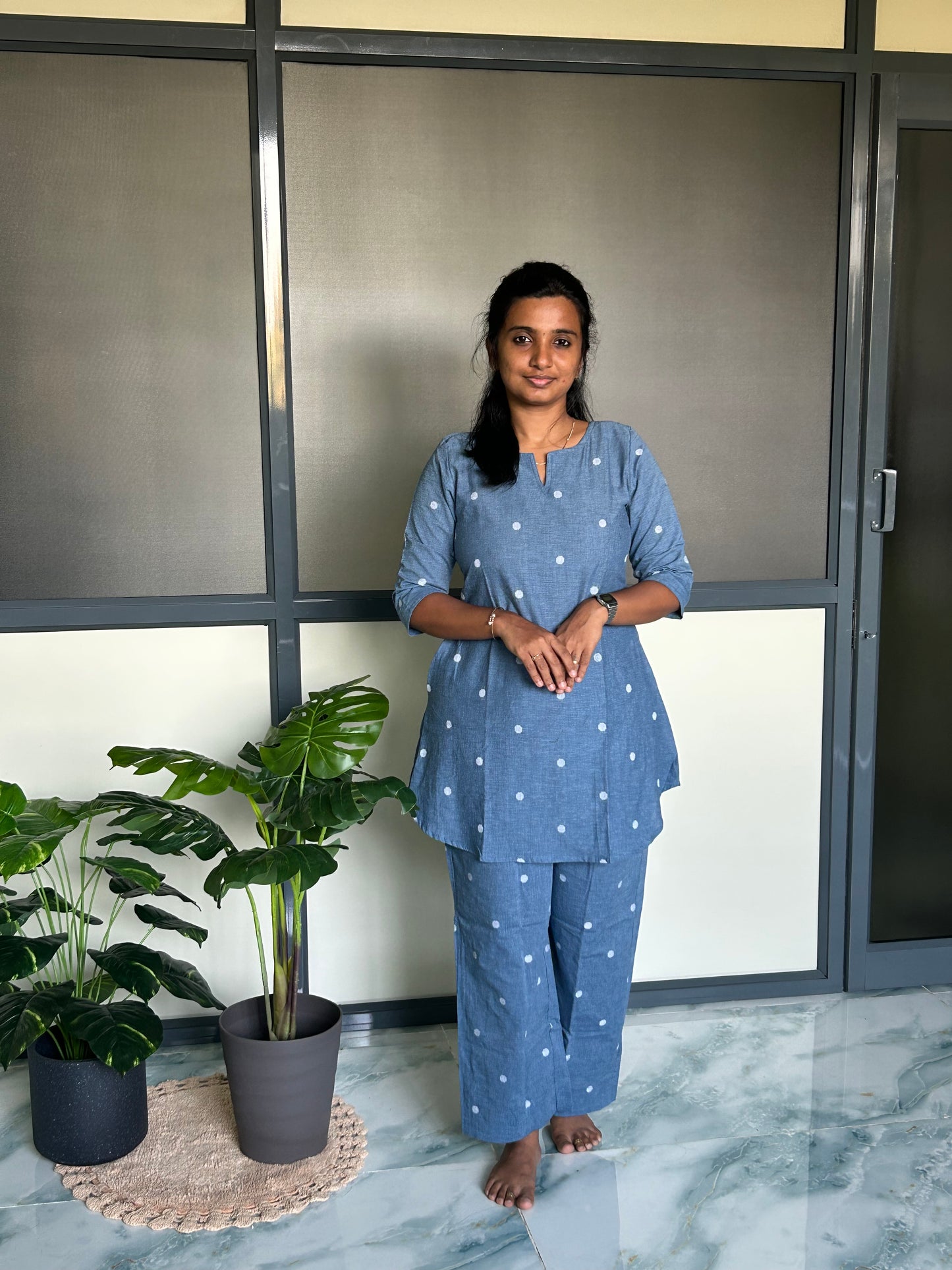 Heera - Denim Blue Handloom Night Suit