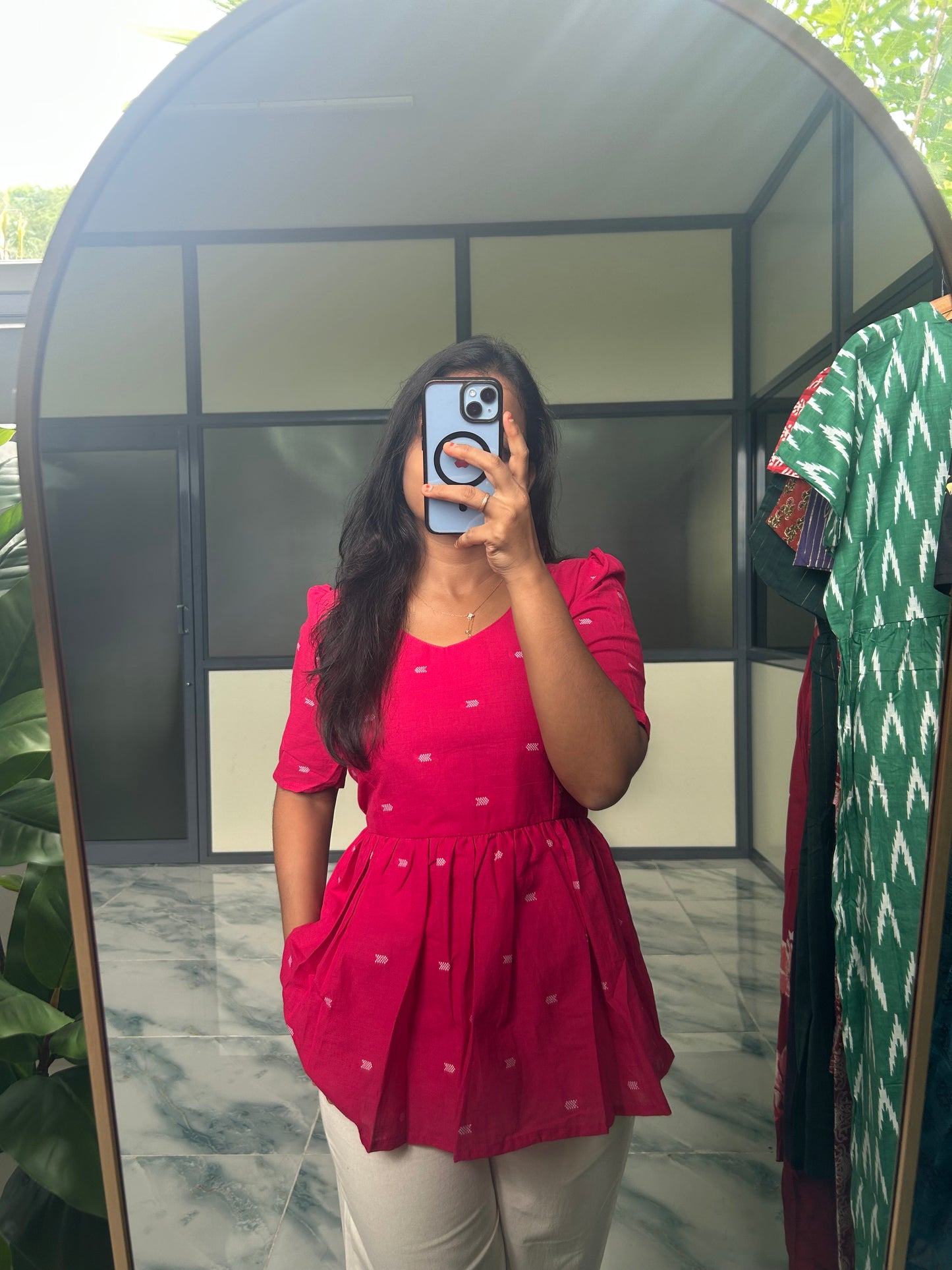 Isha - Pink Handloom Peplum Top