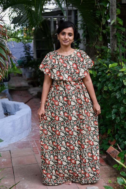 Full length view of ladies cotton nighty in dark olive green floral print with waist ties