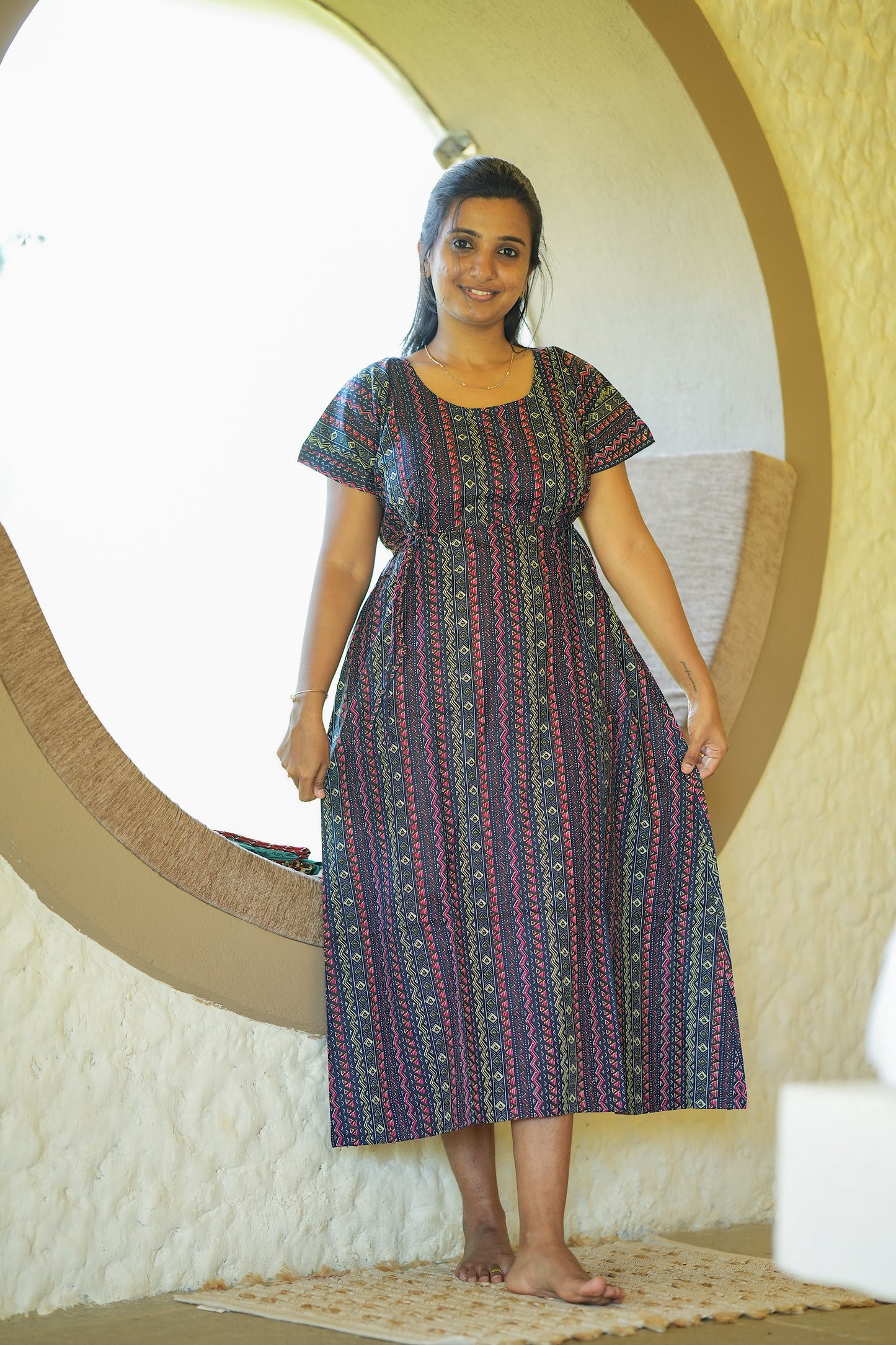 Comfortable cotton feeding nighty with zip in navy blue tribal print.