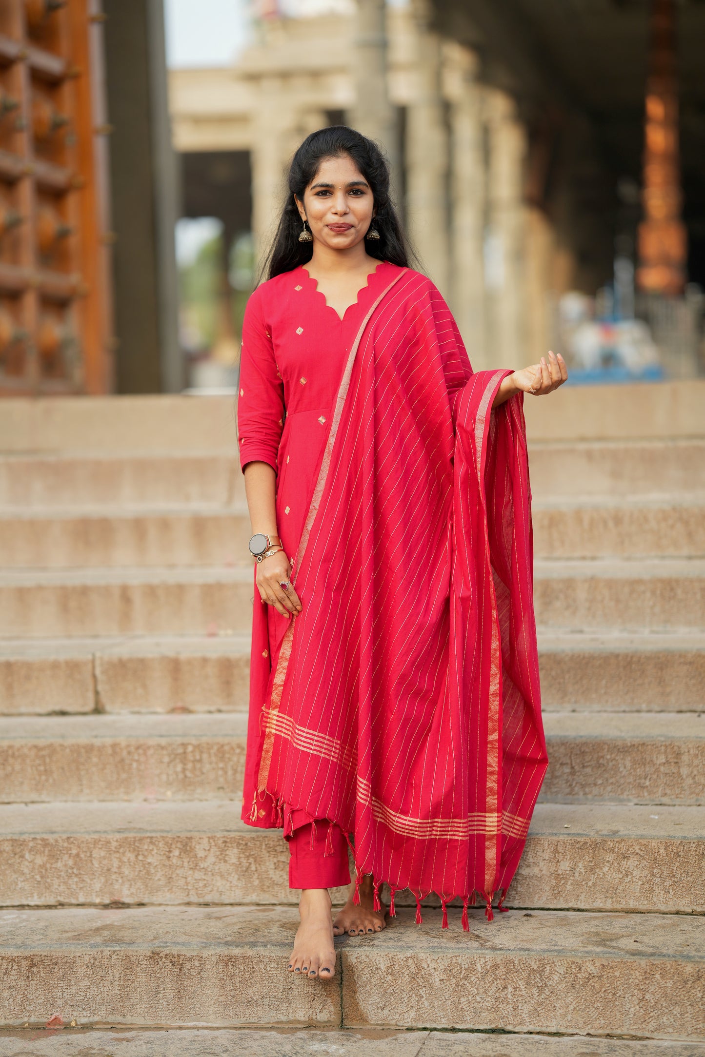 Anushka - Red Cotton Anarkali Suit Set