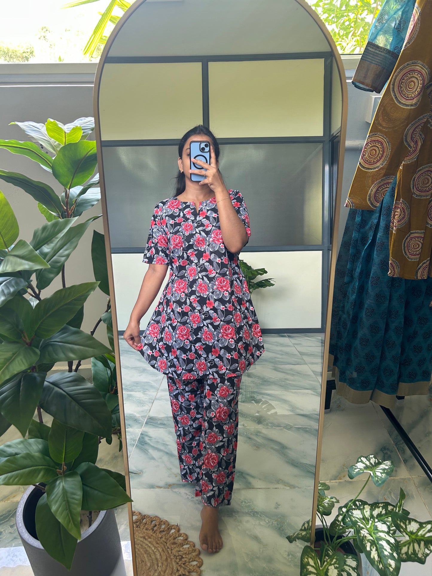 Heera - Black Red Floral Night Suit