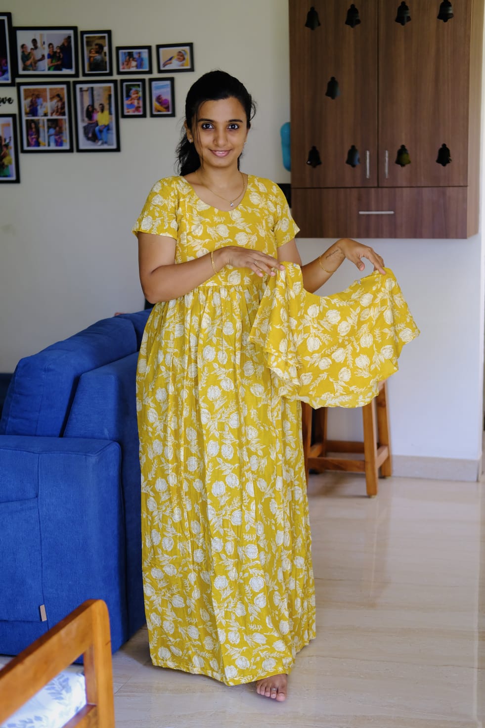 Ganga - Yellow Detachable Dupatta Maxi Nighty