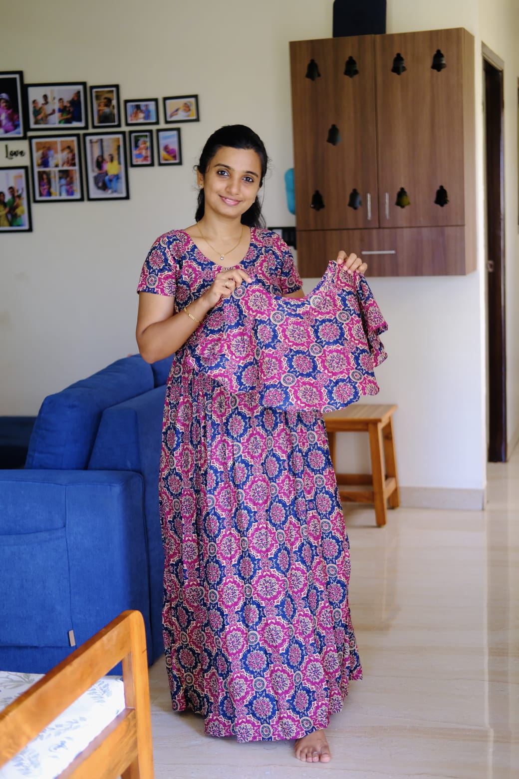 Ganga - Pink Ajrakh Detachable Dupatta Maxi Nighty