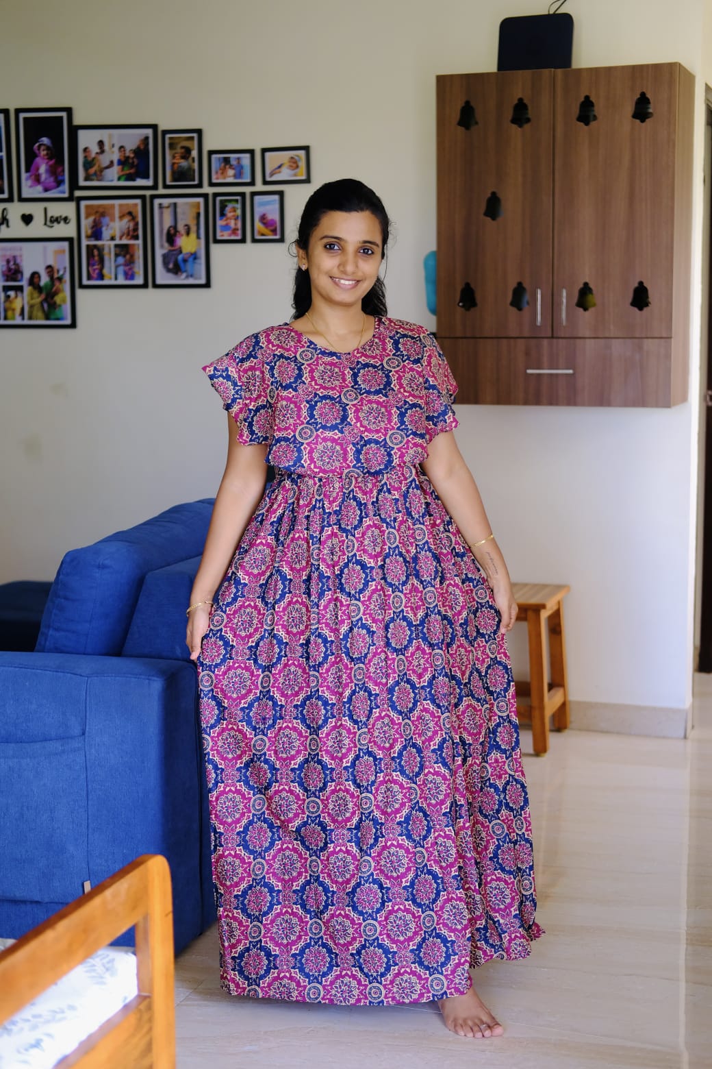 Ganga - Pink Ajrakh Detachable Dupatta Maxi Nighty