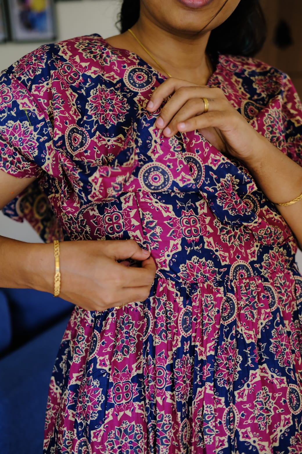 Ganga - Pink Ajrakh Detachable Dupatta Maxi Nighty
