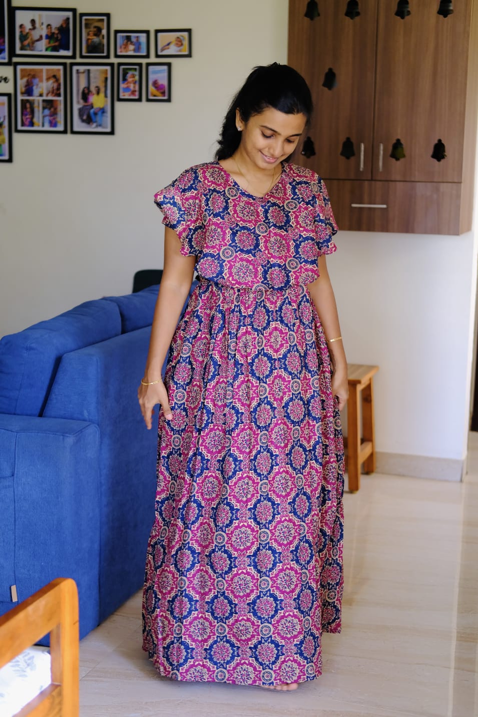 Ganga - Pink Ajrakh Detachable Dupatta Maxi Nighty