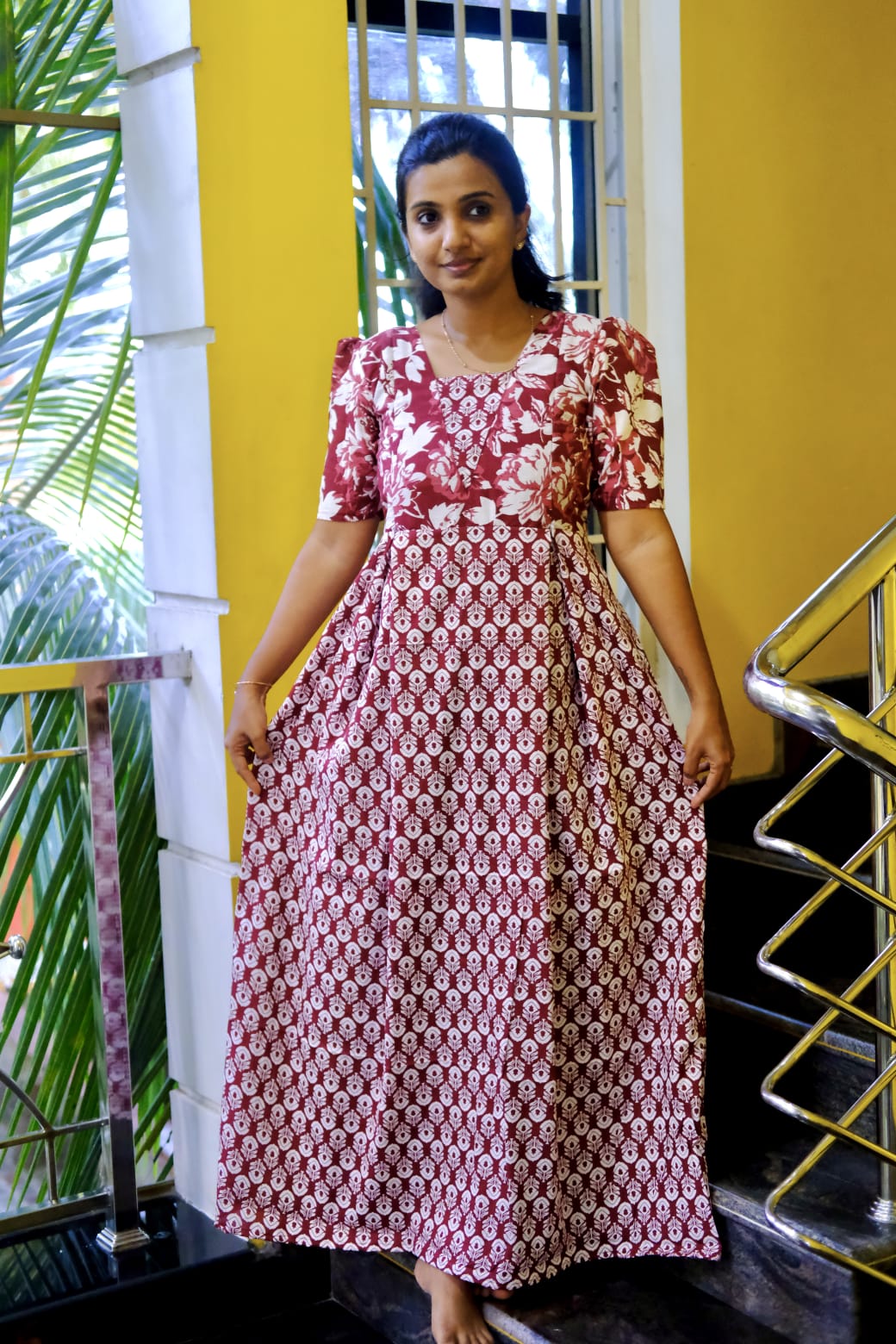 Nisha - Wine Floral Maxi Nighty