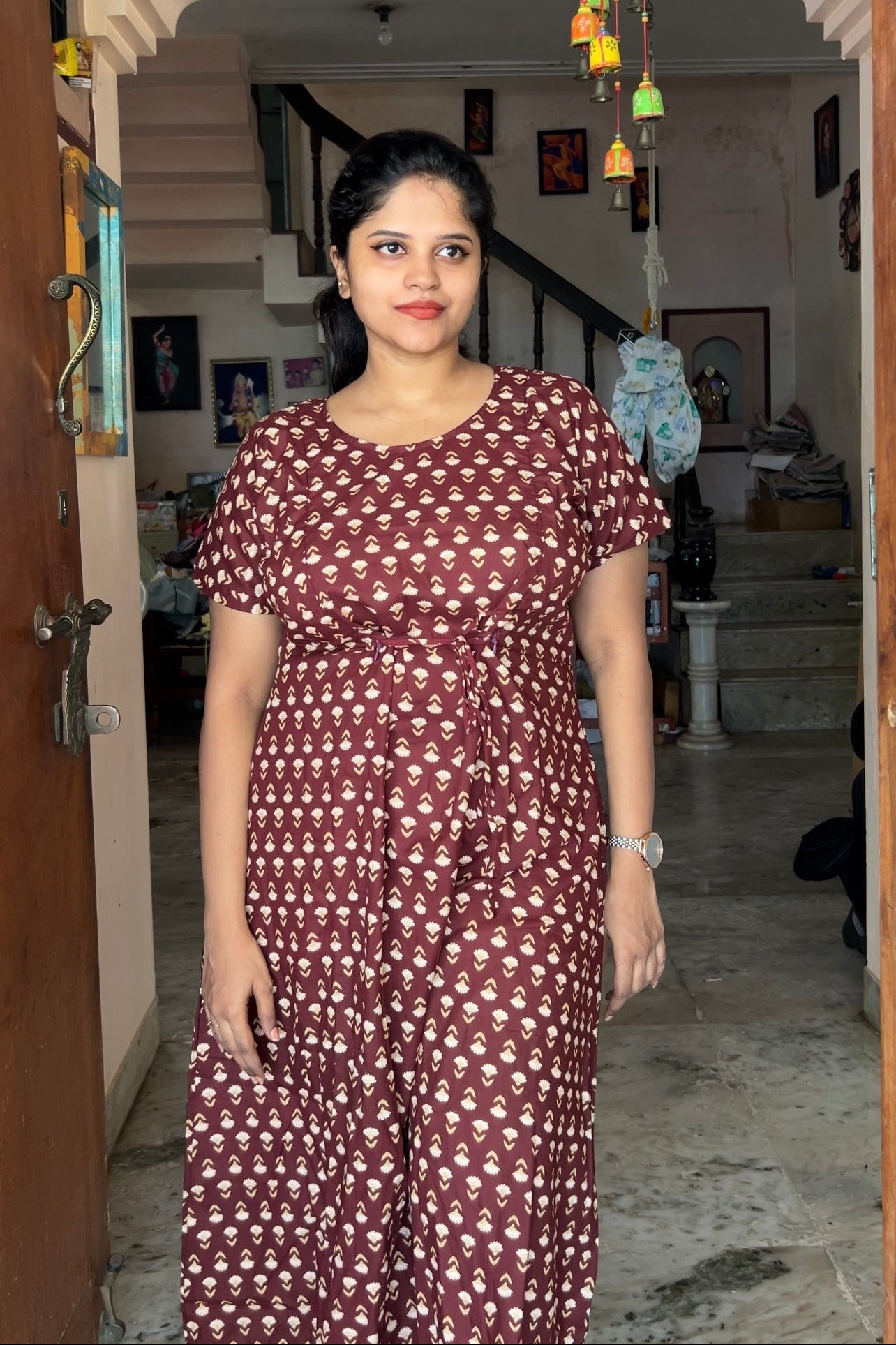 Tanvi - Maroon With Beige Tie Nighty
