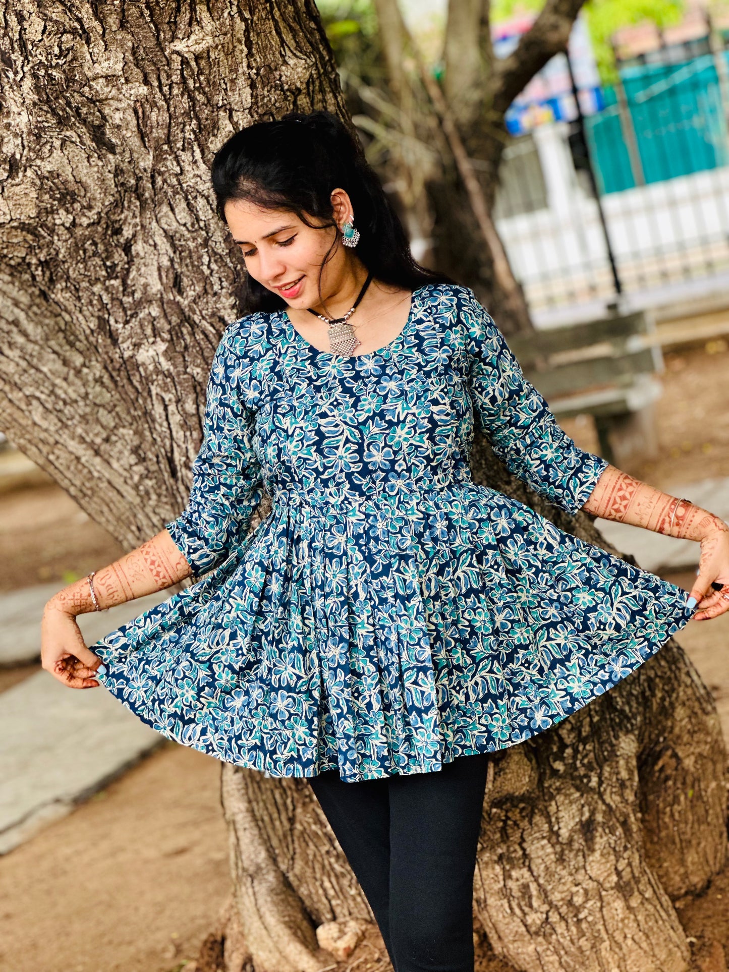 Isha - Blue Floral Peplum Top