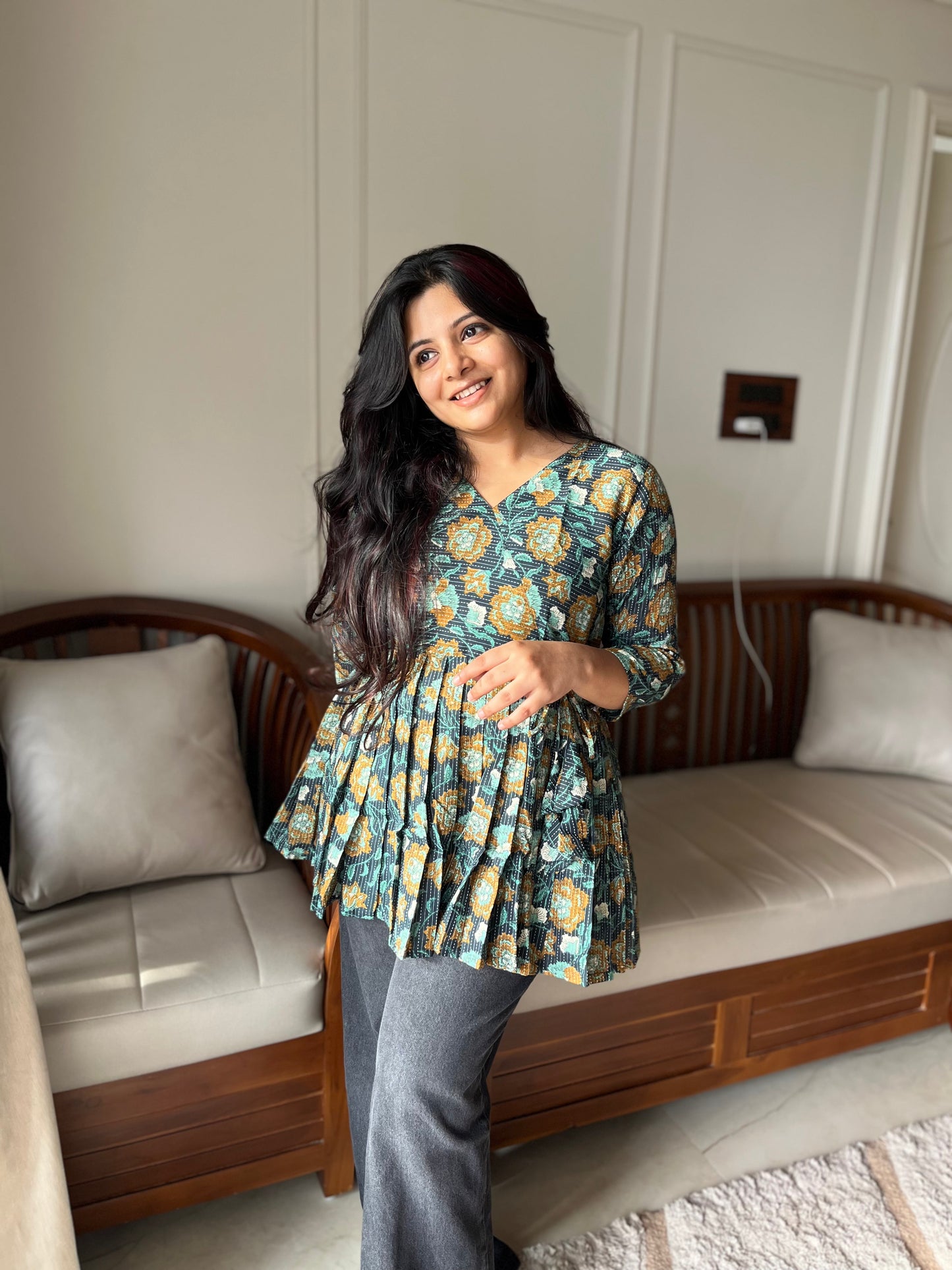 Isha - Blue And Black Peplum Top