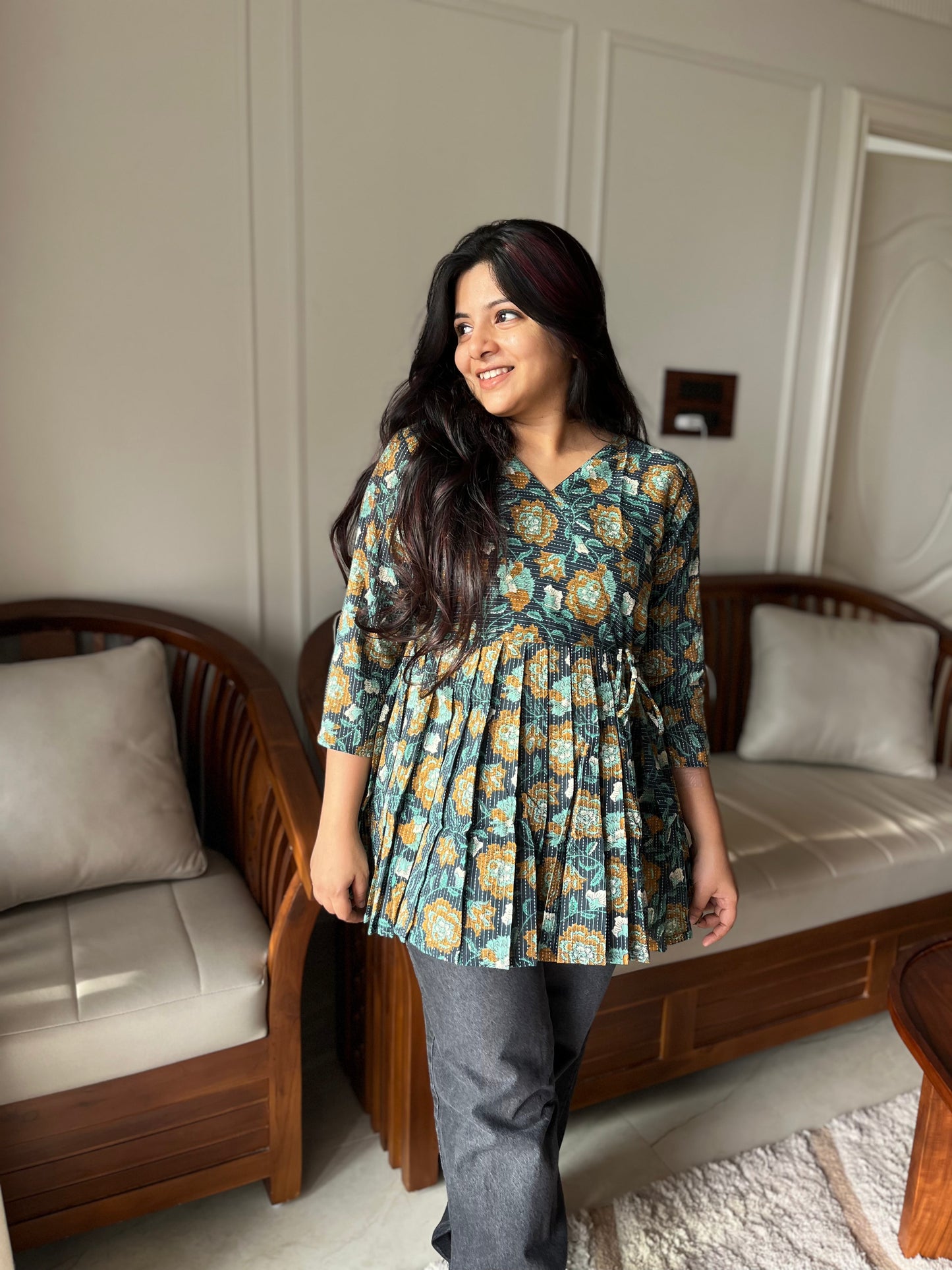 Isha - Blue And Black Peplum Top