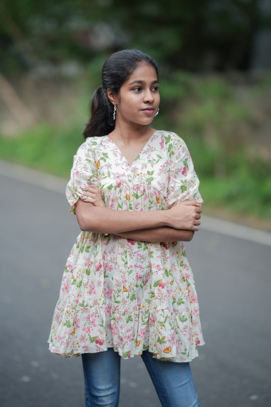Aarna - Beige Floral Cotton Peplum Top