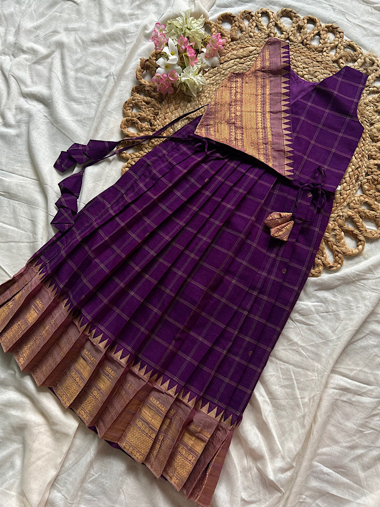 Full flatlay view of violet chettinad cotton pleated skirt and wrap crop top for girls
