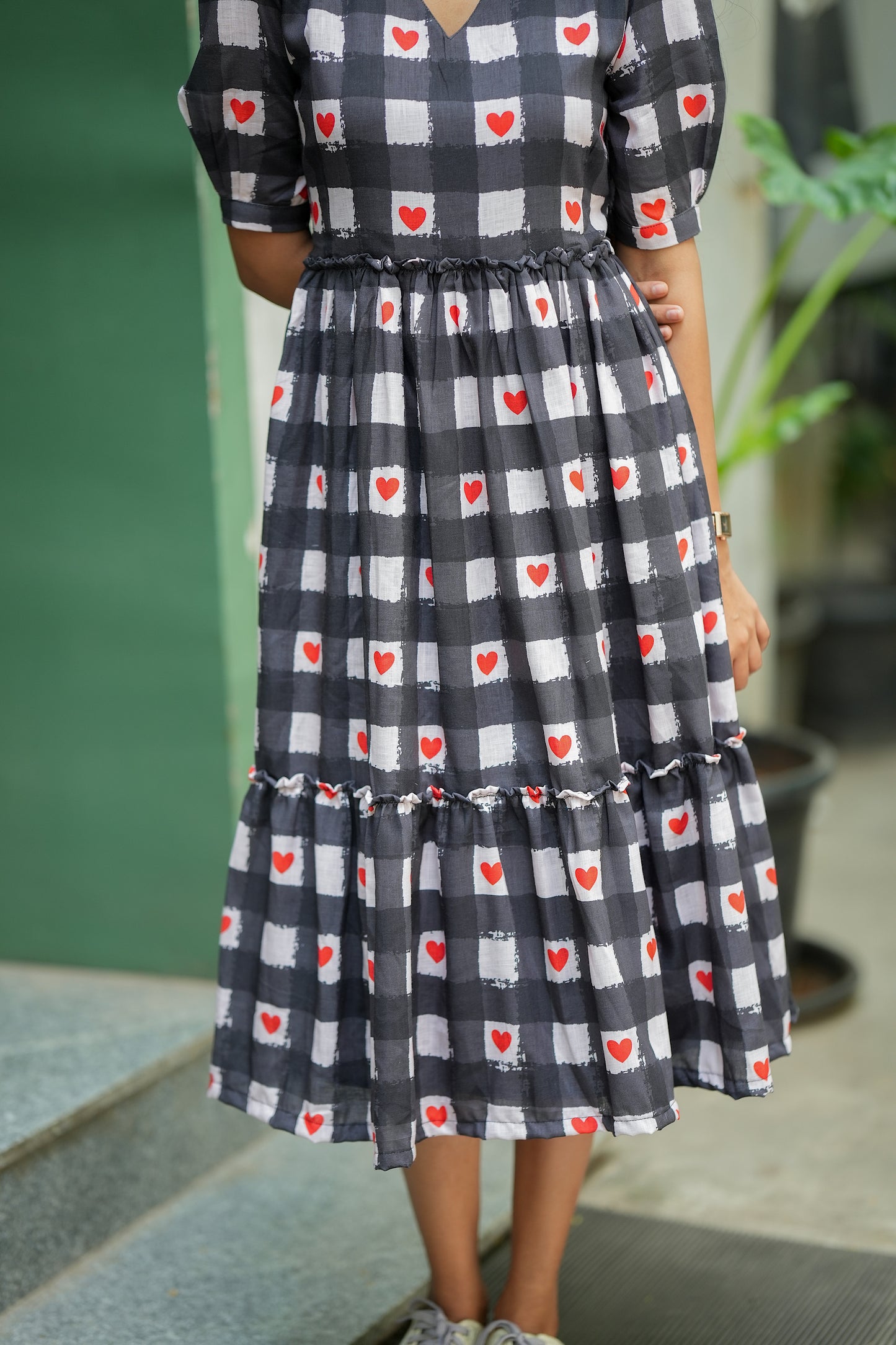 Yuva - Black and White Heart Checked Midi Length Dresses