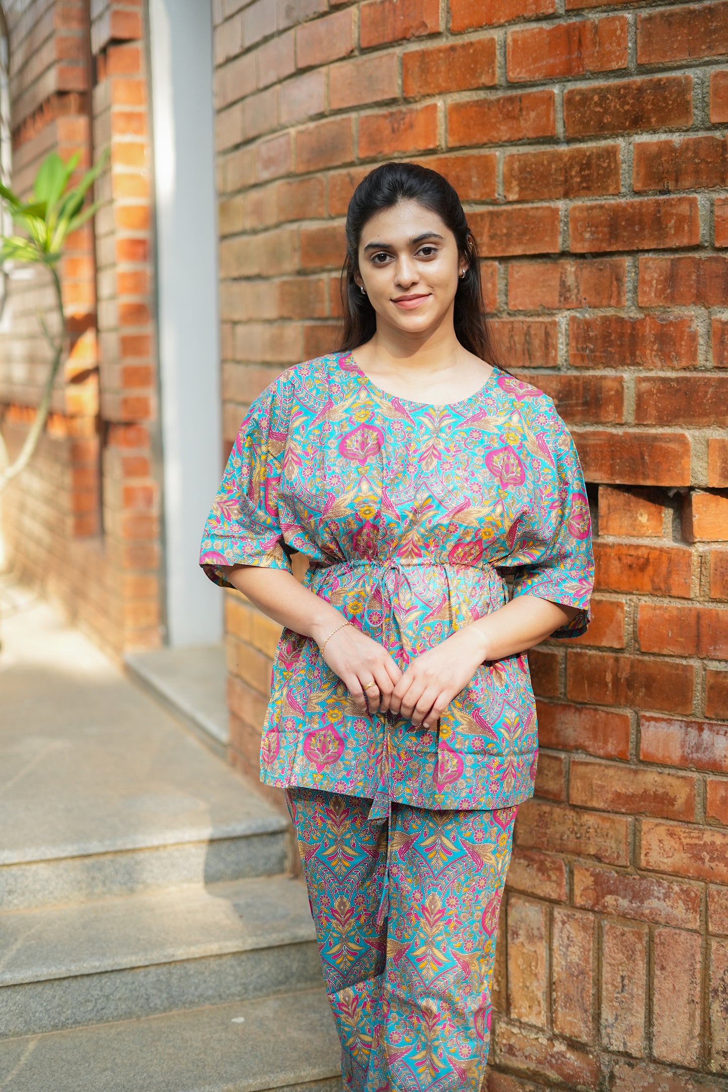 Jaanvi - Teal Blue Kaftan Night Set