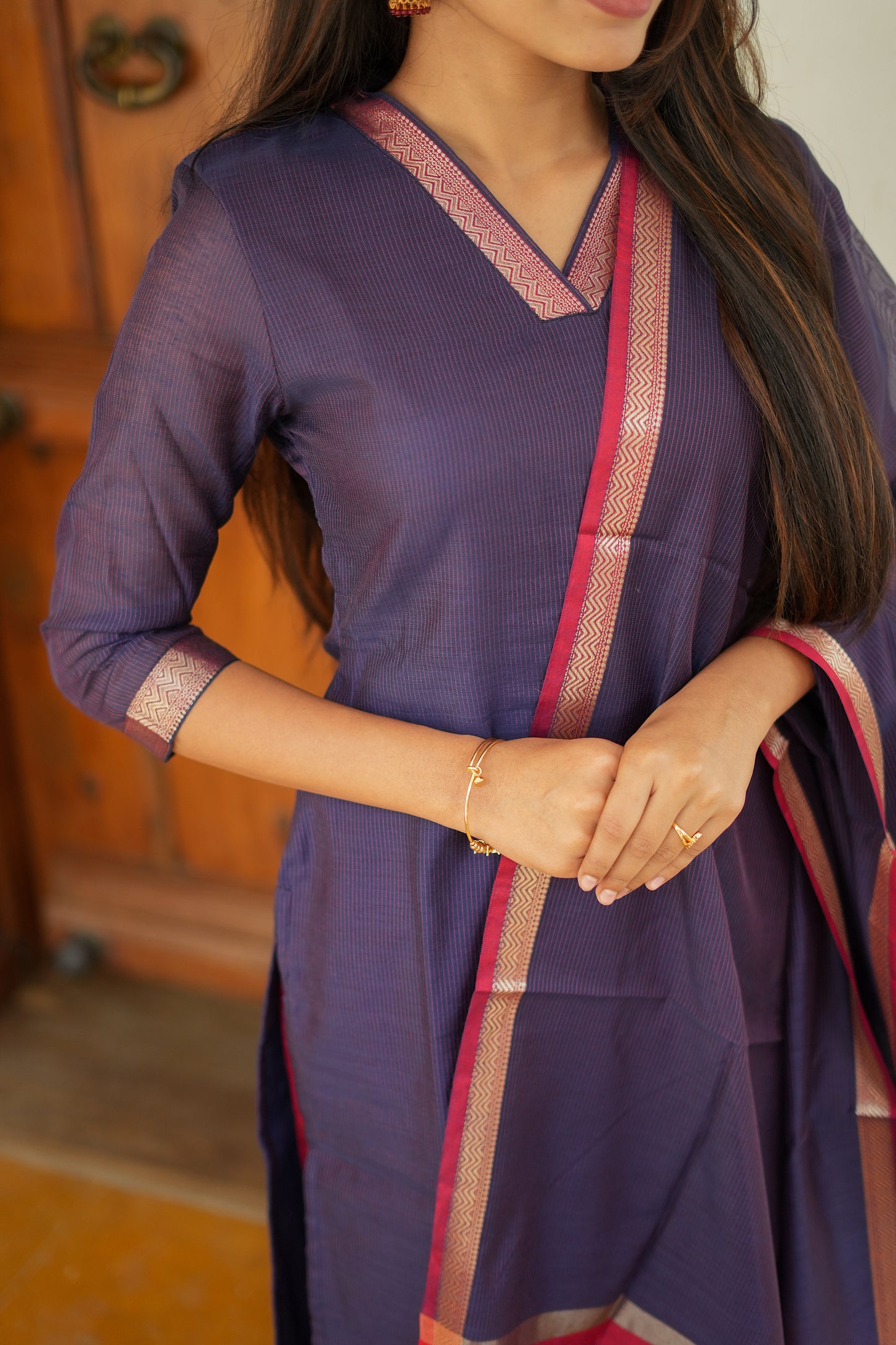 Mridula - Indigo Maheshwari Silk 3 Pcs Set