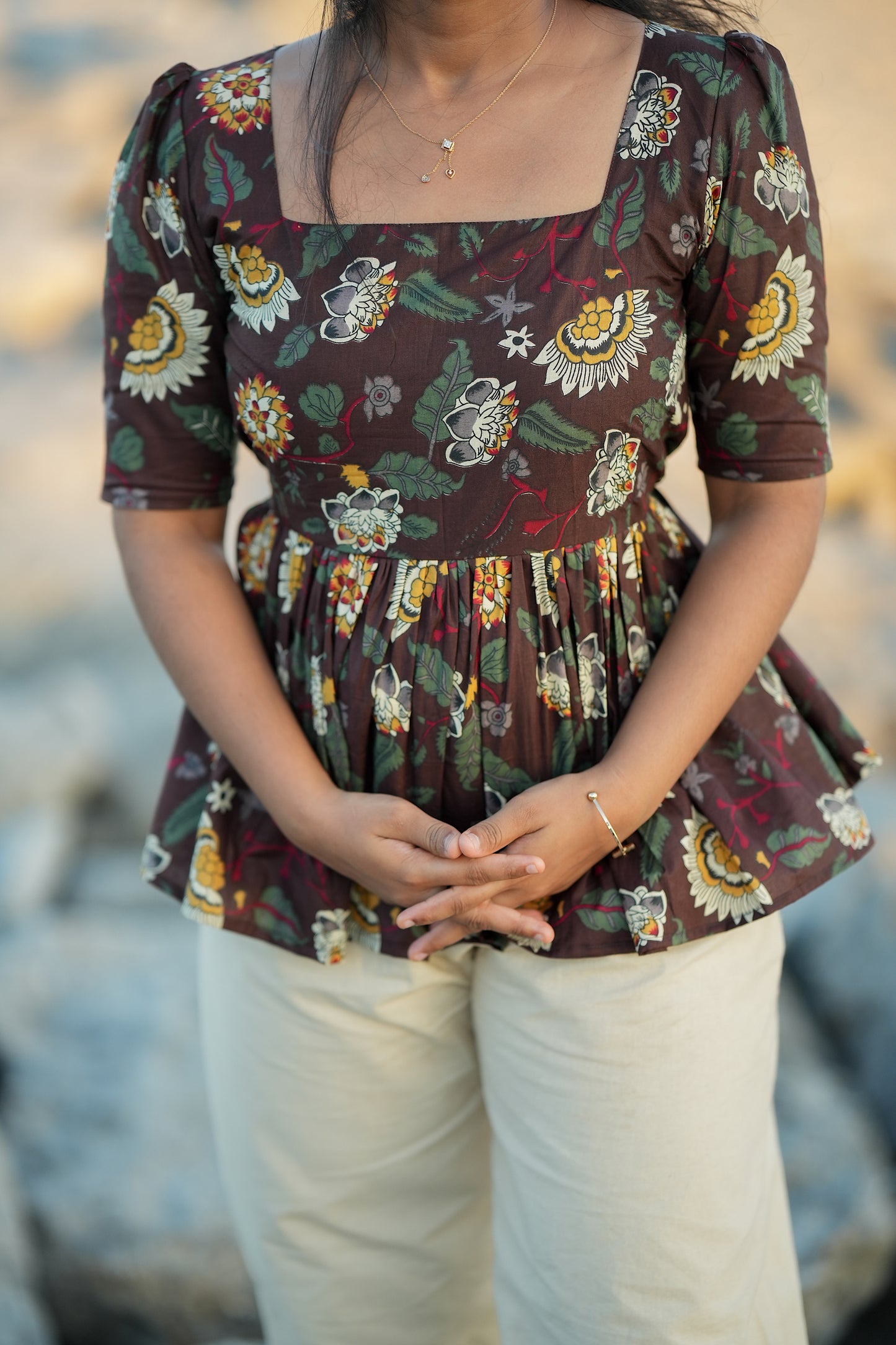 Medha - Brown Cotton Peplum Top