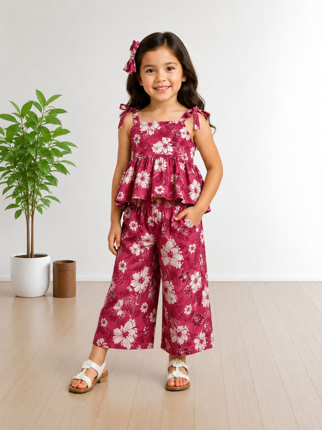Kamali - Pink Floral Kids Peplum Night Suit
