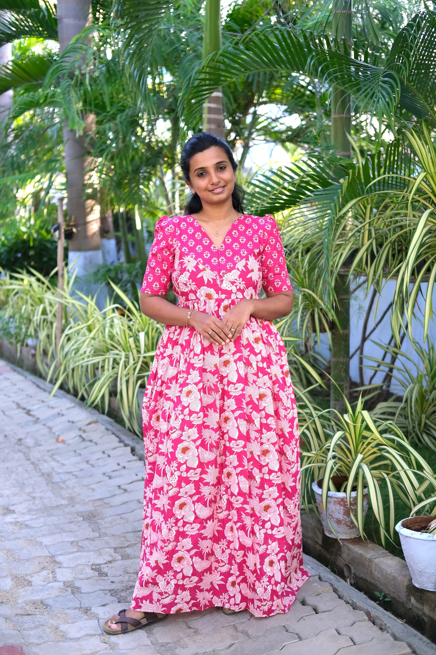 Yamini - Pink Floral High Neck Maxi Nighty