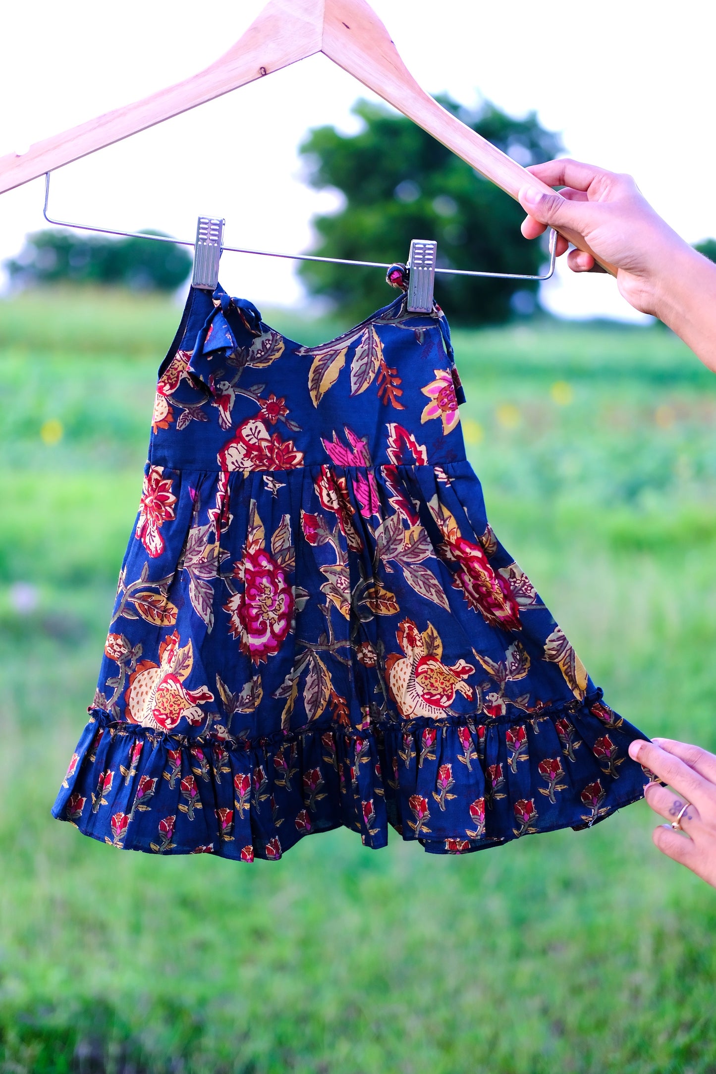 Twinkle - Dark Blue Floral Kids Tie-Up Frock