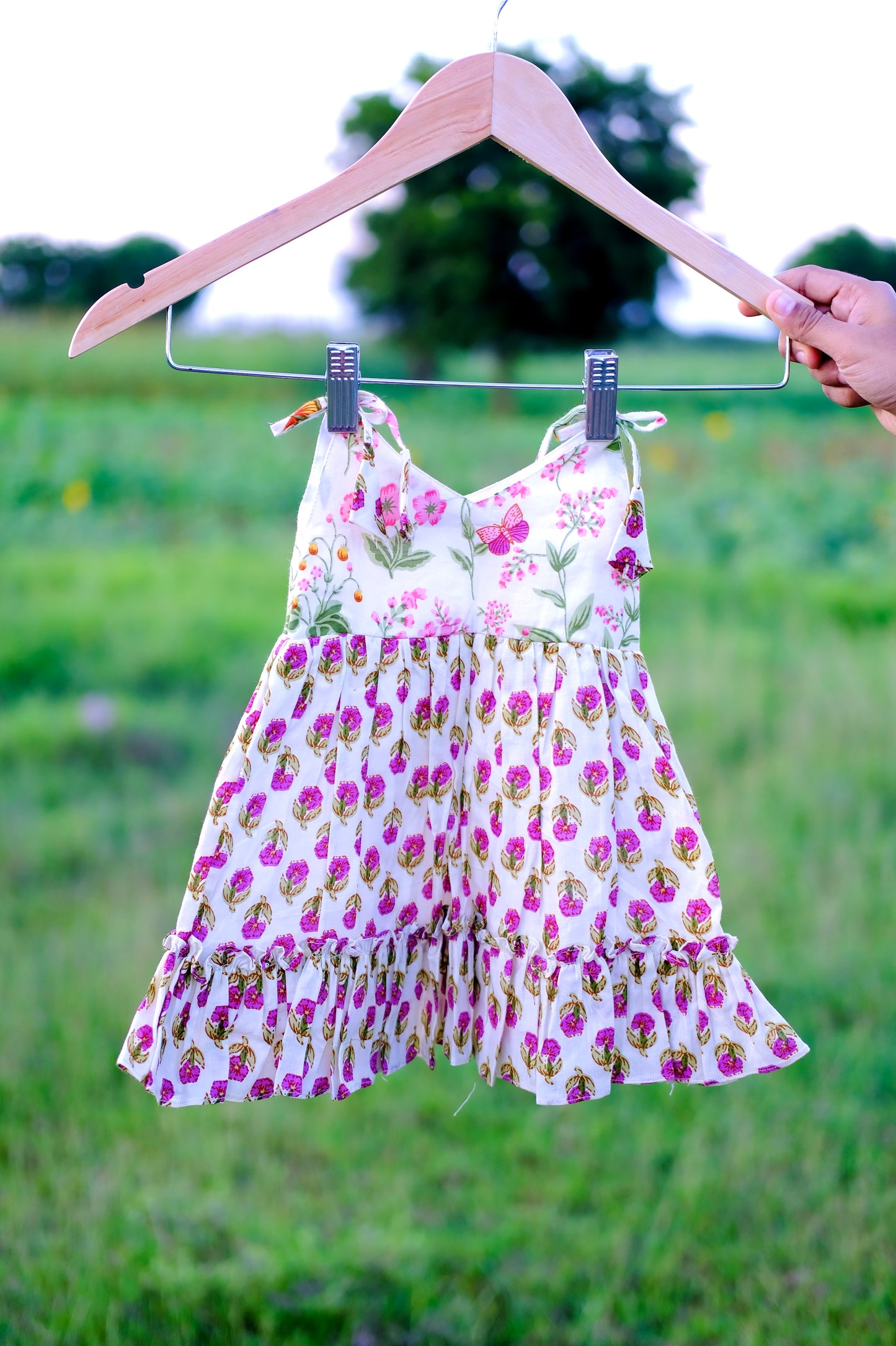 Twinkle - Pink Floral Kids Tie-Up Frock