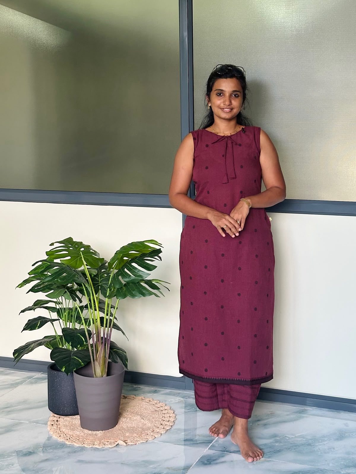 Full length view of the reversible cotton kurti set with pants in rich burgundy handloom cotton.