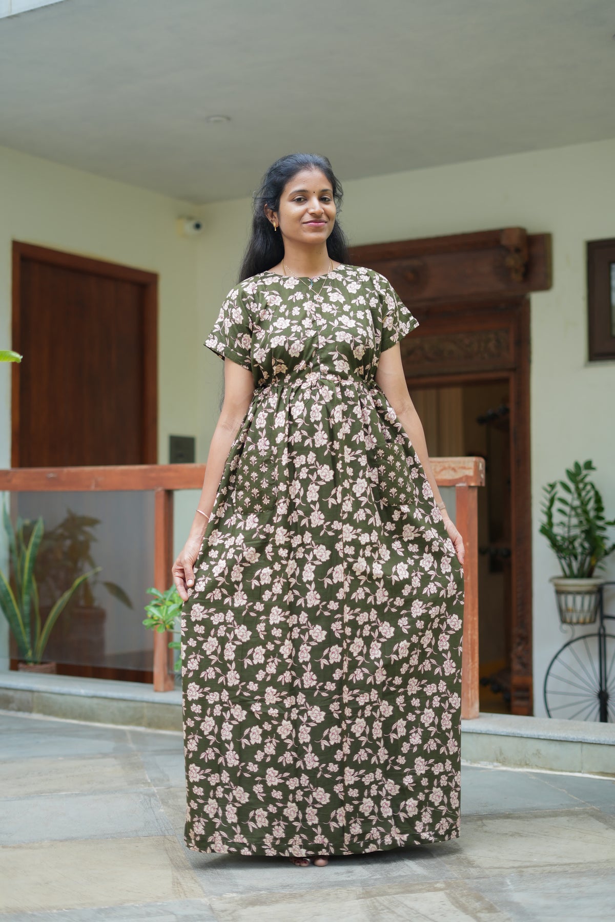 Full-length olive green cotton maxi nighty for women by Mullai Nightwear