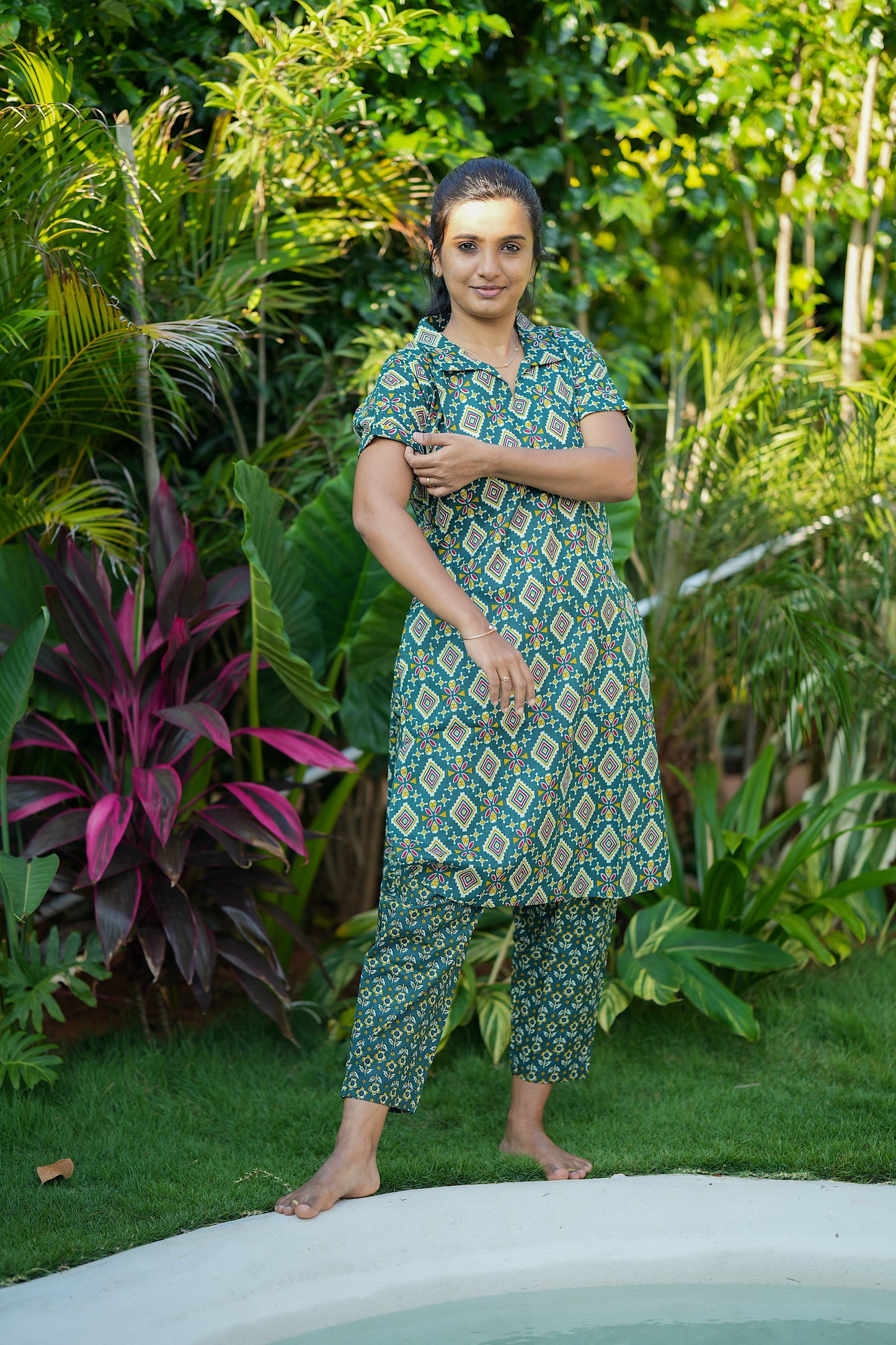 Cotton loungewear for women featuring a collared top and matching pants