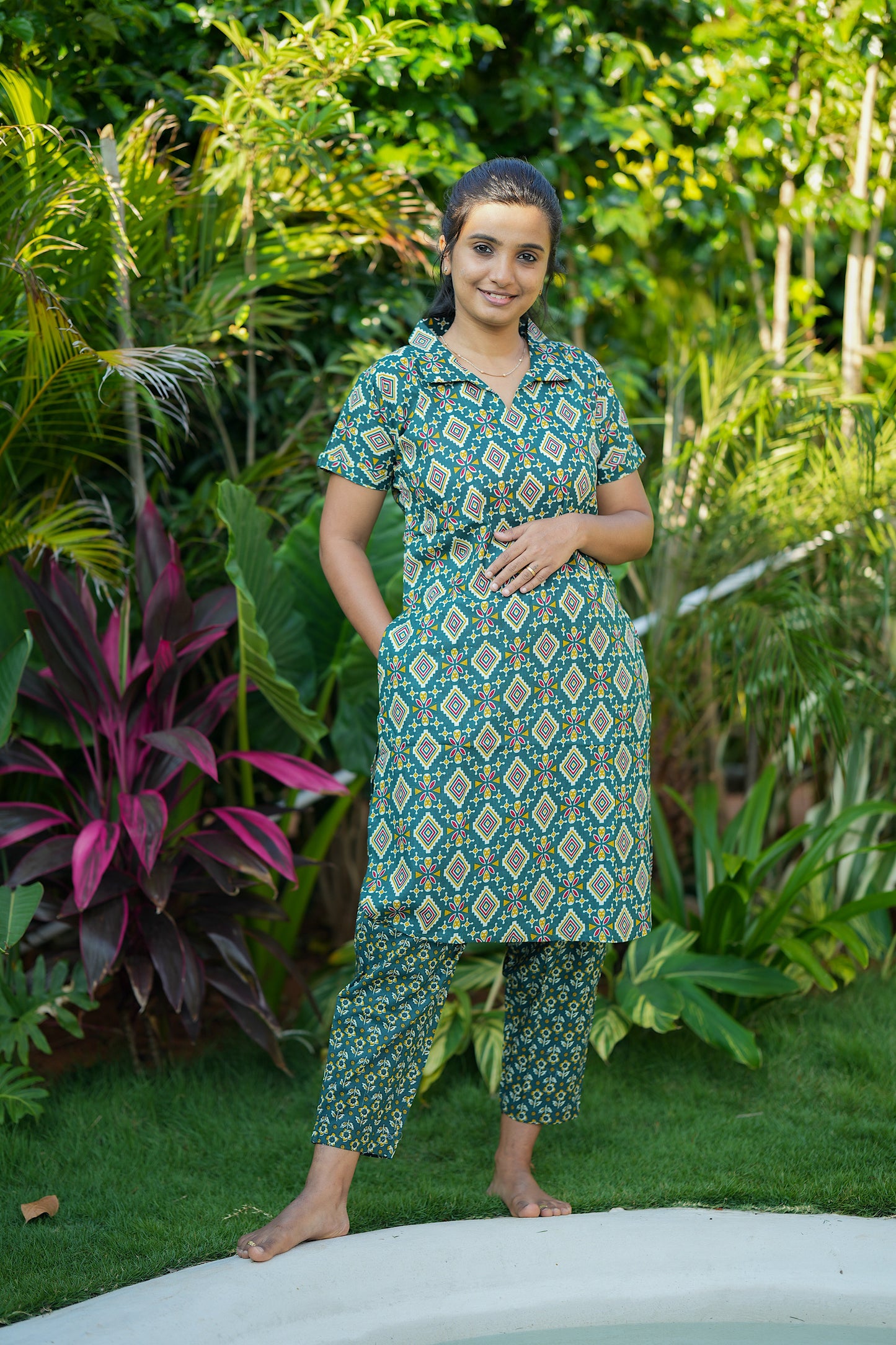 Teal printed nightwear set for women, showing comfortable fit