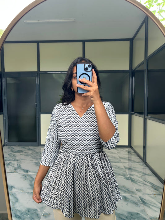 Isha -  White Zig-Zag Peplum Top