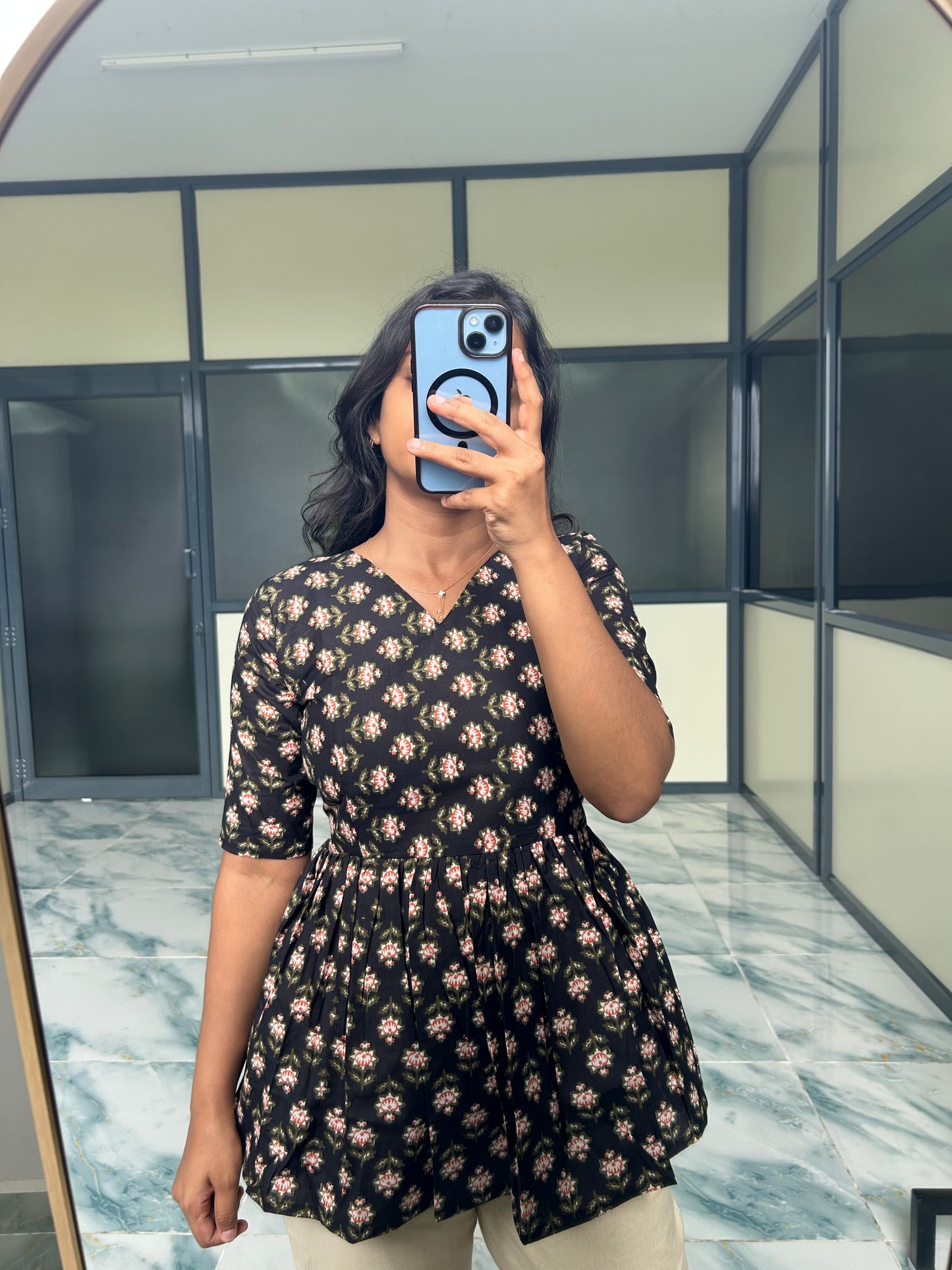 Isha -  Black Floral Peplum Top
