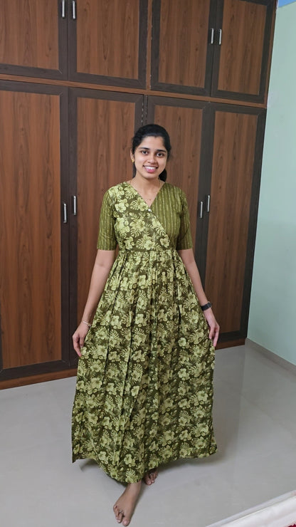 Malar Olive Green Cotton Maxi Nighty - Zipless Comfort Nightwear for Women