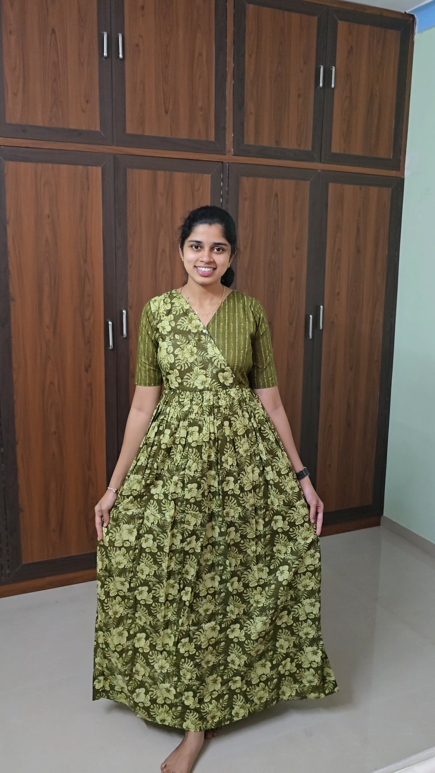 Malar Olive Green Cotton Maxi Nighty - Zipless Comfort Nightwear for Women