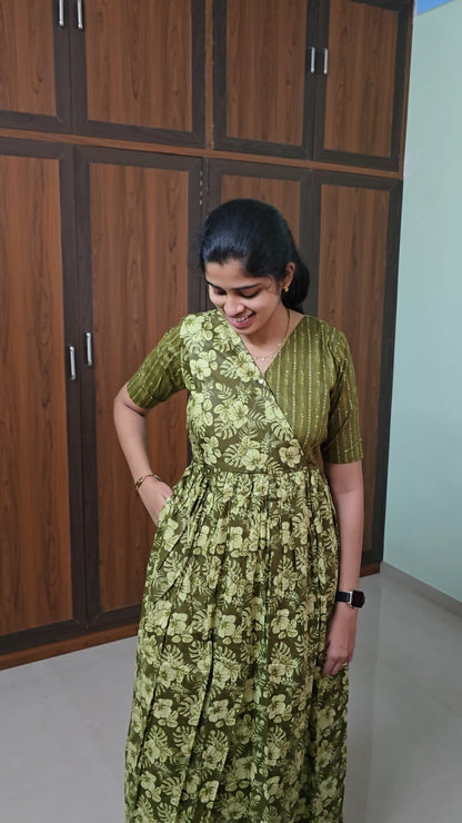 Malar Olive Green Cotton Maxi Nighty - Zipless Comfort Nightwear for Women