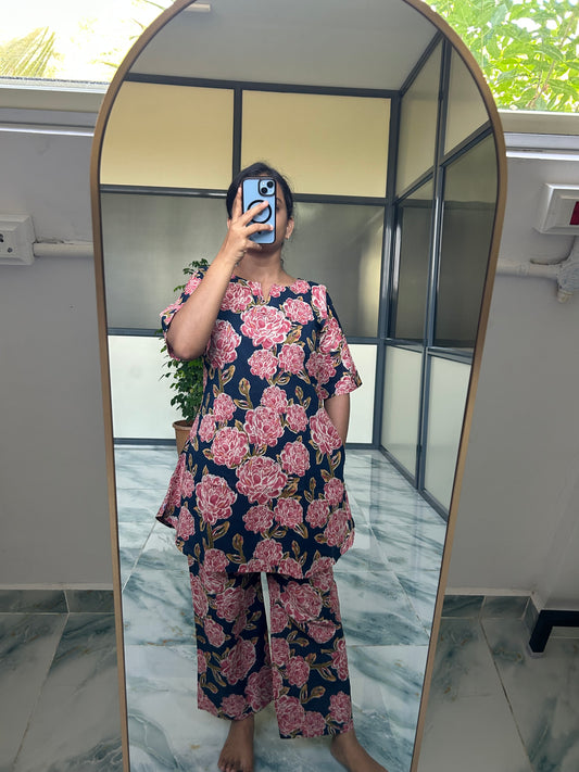 Heera - Dark Blue Floral Night Suit