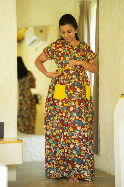 Sowbi - Brown Floral Tie Pocket  Maxi Nighty