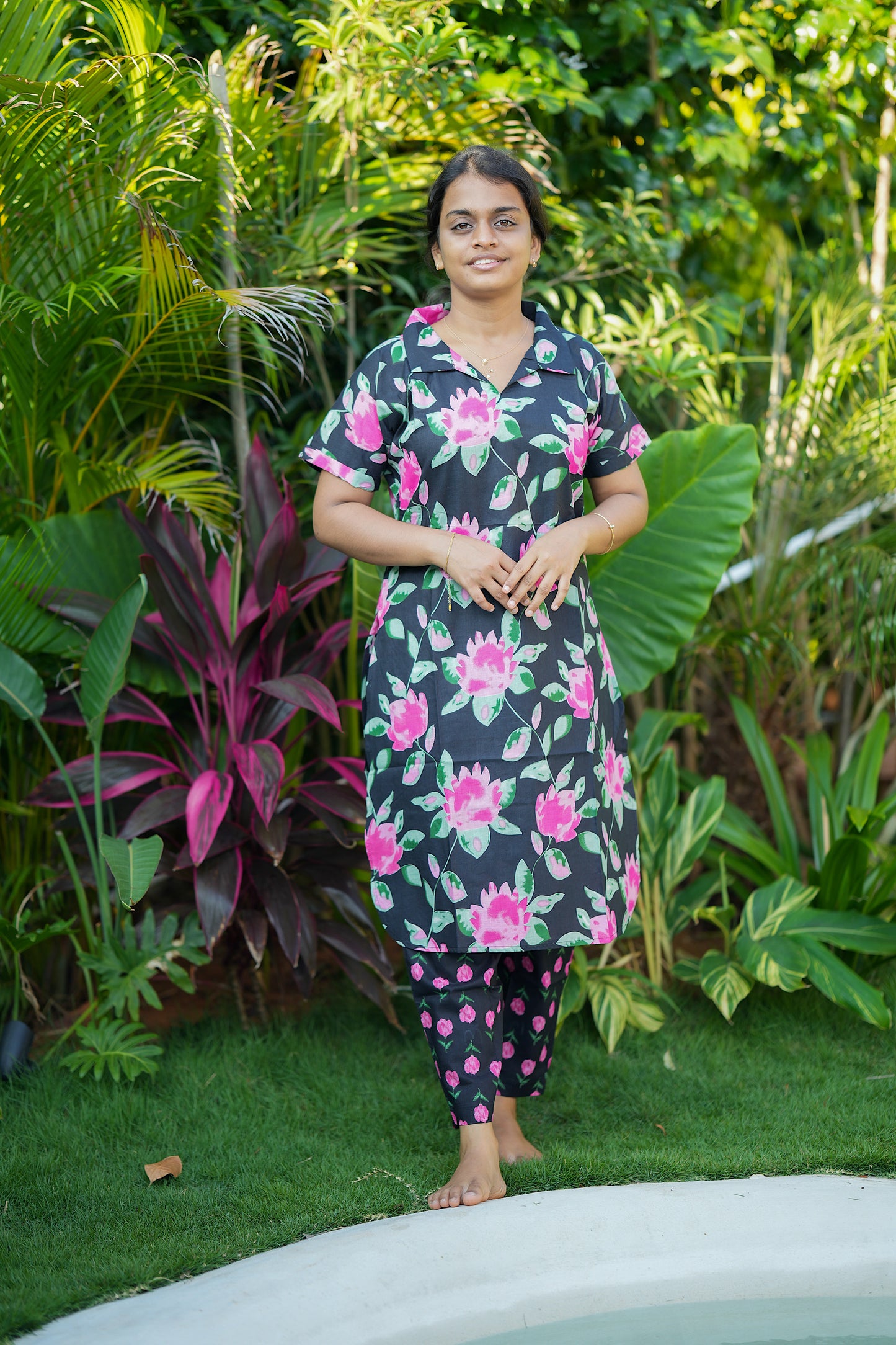 ladies cotton night suit - Black cotton night suit with pink lotus floral print top and polka dot pants.