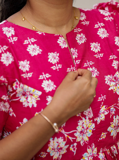 Close-up showing the easy-to-use front zipper detail on the pink floral nighty.