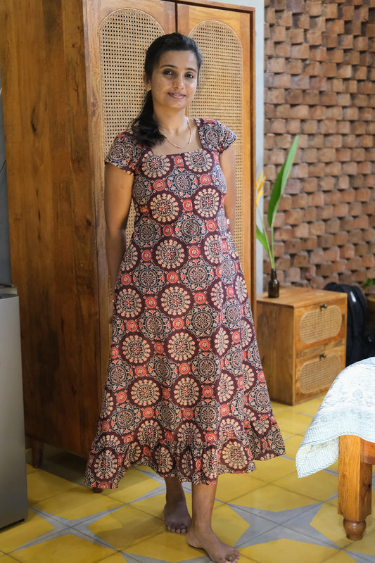 Mathi maroon cotton nighty with traditional print and ruffled hem