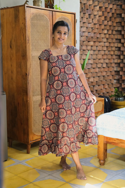 Front view of maroon cotton nighty featuring square neckline