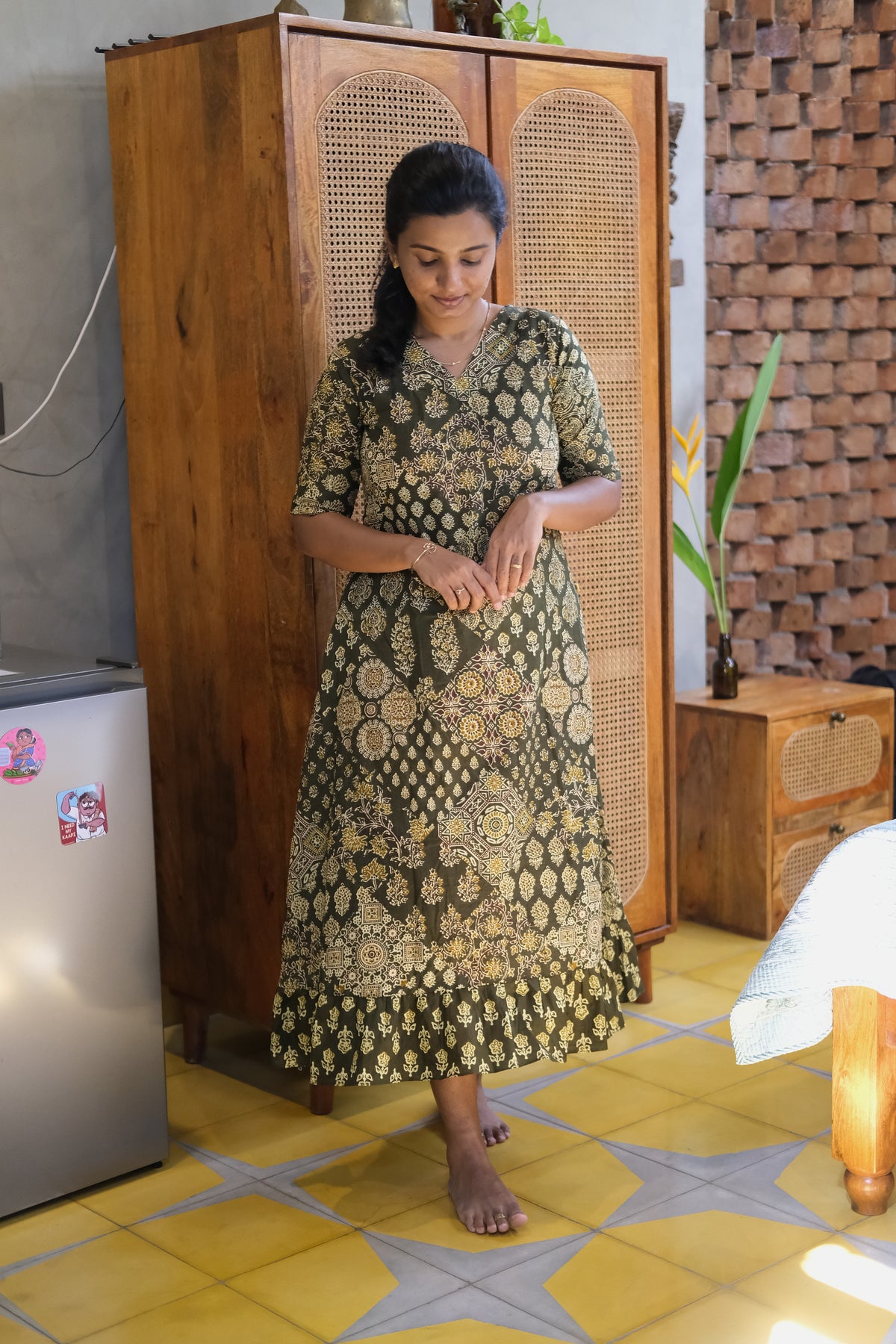 Comfortable olive green cotton midi nighty with short sleeves and relaxed fit