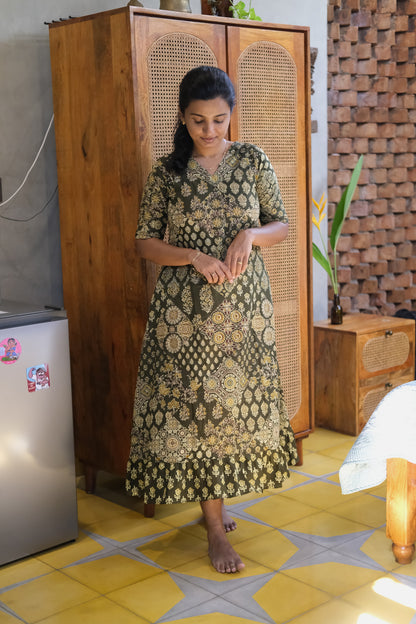 Comfortable olive green cotton midi nighty with short sleeves and relaxed fit