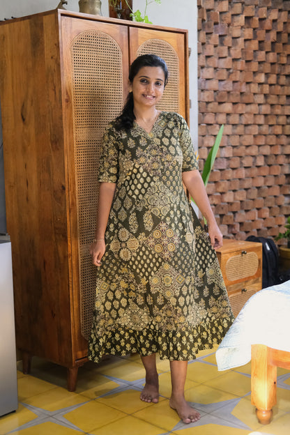Olive green printed cotton midi nighty with a crossover V-neck and ruffled hem