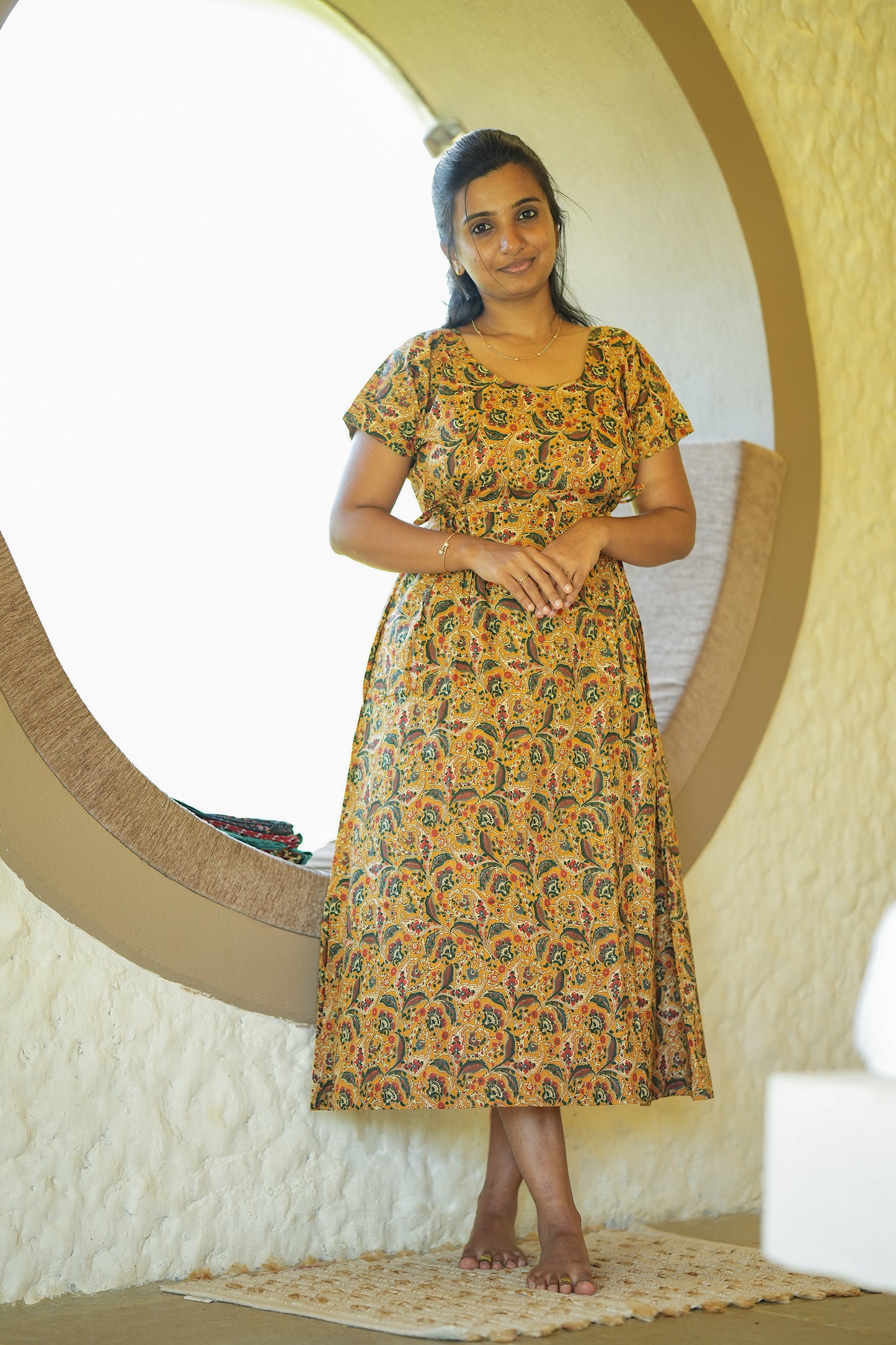 Comfortable feeding nighty cotton loungewear dress in mustard floral print