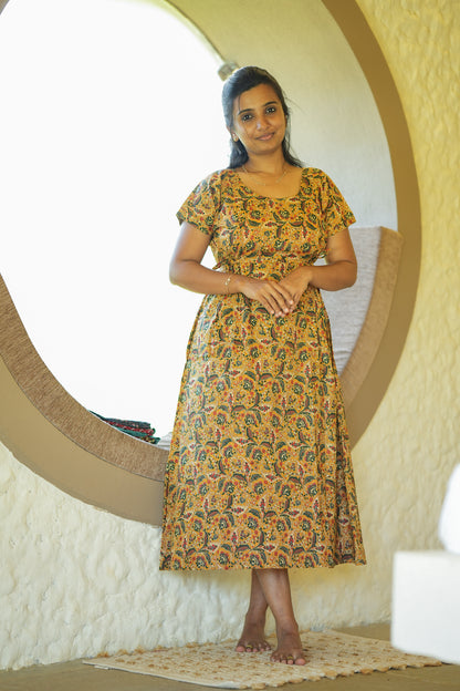 Comfortable feeding nighty cotton loungewear dress in mustard floral print