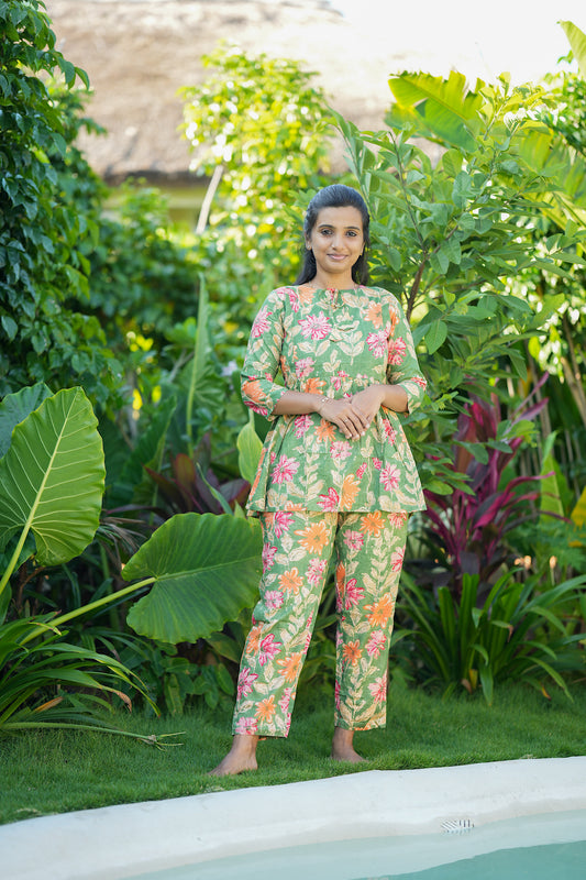 Ayla - Green Floral Peplum Night Suit